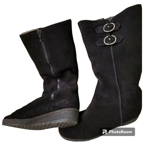 Medicus Black Suede Boots Size 8 Fur Lined Rubber Sole Side Zip Comfort - Picture 5 of 8